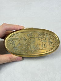 A group of four copper and brass engraved tobacco boxes, The Netherlands, 18th C.