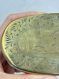 A group of four copper and brass engraved tobacco boxes, The Netherlands, 18th C.