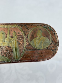 A group of four copper and brass engraved tobacco boxes, The Netherlands, 18th C.