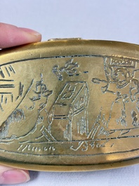 A group of four copper and brass engraved tobacco boxes, The Netherlands, 18th C.