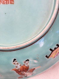 A Chinese famille rose turquoise-ground 'Playing Boys' plate, Qianlong mark, Republic