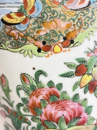 A pair of Chinese Canton famille rose hat stands, a covered vase, a vase and a bowl, 19th C.