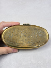 A group of four copper and brass engraved tobacco boxes, The Netherlands, 18th C.