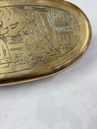 A group of four copper and brass engraved tobacco boxes, The Netherlands, 18th C.