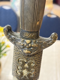 A rare set of Chinese double swords with scabbard 'shuangjian', Longquan mark, 19th C.