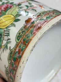 A pair of Chinese Canton famille rose hat stands, a covered vase, a vase and a bowl, 19th C.