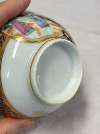 A pair of Chinese Canton famille rose cups and saucers with figural design, Daoguang
