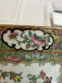 A pair of Chinese Canton famille rose hat stands, a covered vase, a vase and a bowl, 19th C.