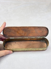 A group of four copper and brass engraved tobacco boxes, The Netherlands, 18th C.