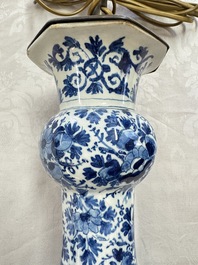 A pair of blue and white Dutch Delft garlic-head vases mounted as lamps, 18th C.