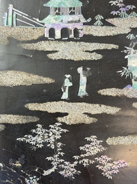 A rare large square Chinese laque burgaut&eacute; tray depicting a mountainous garden, Kangxi