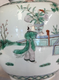 A Chinese famille rose spittoon, a famille verte covered double-gourd vase and a gilt-decorated coral-red-ground hat stand, Daoguang mark, 19th C.