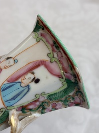 A pair of Chinese Canton famille rose hat stands, a covered vase, a vase and a bowl, 19th C.