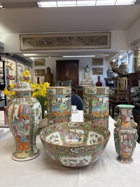 A pair of Chinese Canton famille rose hat stands, a covered vase, a vase and a bowl, 19th C.