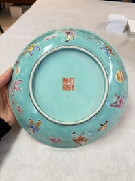 A Chinese famille rose turquoise-ground 'Playing Boys' plate, Qianlong mark, Republic