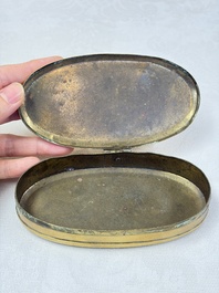 A group of four copper and brass engraved tobacco boxes, The Netherlands, 18th C.
