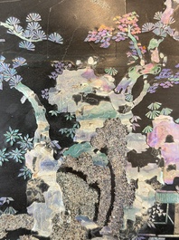 A rare large square Chinese laque burgaut&eacute; tray depicting a mountainous garden, Kangxi