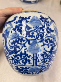 A Chinese blue and white jardini&egrave;re with stand, a 'Chilong' jar and a famille rose covered tureen, Guanyao 官窑 mark, 19th C.