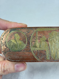 A group of four copper and brass engraved tobacco boxes, The Netherlands, 18th C.
