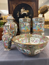 A pair of Chinese Canton famille rose hat stands, a covered vase, a vase and a bowl, 19th C.
