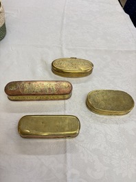 A group of four copper and brass engraved tobacco boxes, The Netherlands, 18th C.
