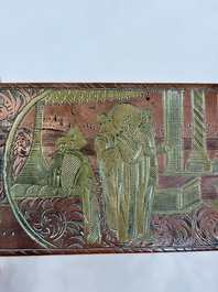 A group of four copper and brass engraved tobacco boxes, The Netherlands, 18th C.