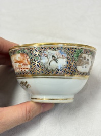 A pair of Chinese Canton famille rose cups and saucers with figural design, Daoguang