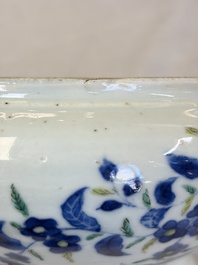 A Chinese blue and white jardini&egrave;re with stand, a 'Chilong' jar and a famille rose covered tureen, Guanyao 官窑 mark, 19th C.