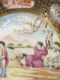 A pair of Chinese Canton famille rose cups and saucers with figural design, Daoguang