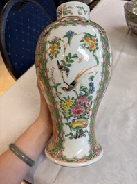 A pair of Chinese Canton famille rose hat stands, a covered vase, a vase and a bowl, 19th C.