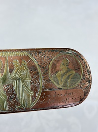 A group of four copper and brass engraved tobacco boxes, The Netherlands, 18th C.