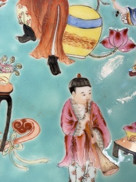 A Chinese famille rose turquoise-ground 'Playing Boys' plate, Qianlong mark, Republic