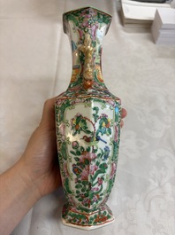 A pair of Chinese Canton famille rose hat stands, a covered vase, a vase and a bowl, 19th C.