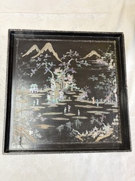 A rare large square Chinese laque burgaut&eacute; tray depicting a mountainous garden, Kangxi