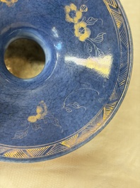 A Chinese powder-blue-ground gilt-decorated spittoon and two gilt-bronze-mounted vases, 18th C.