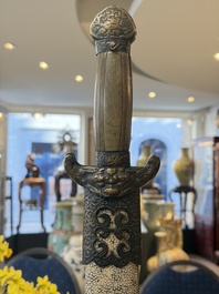 A rare set of Chinese double swords with scabbard 'shuangjian', Longquan mark, 19th C.