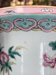 A Chinese famille rose spittoon, a famille verte covered double-gourd vase and a gilt-decorated coral-red-ground hat stand, Daoguang mark, 19th C.