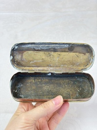 A group of four copper and brass engraved tobacco boxes, The Netherlands, 18th C.