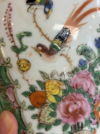 A pair of Chinese Canton famille rose hat stands, a covered vase, a vase and a bowl, 19th C.