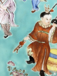 A Chinese famille rose turquoise-ground 'Playing Boys' plate, Qianlong mark, Republic