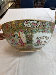 A pair of Chinese Canton famille rose hat stands, a covered vase, a vase and a bowl, 19th C.