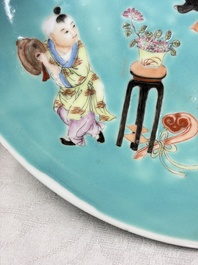 A Chinese famille rose turquoise-ground 'Playing Boys' plate, Qianlong mark, Republic