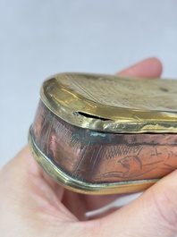 A group of four copper and brass engraved tobacco boxes, The Netherlands, 18th C.