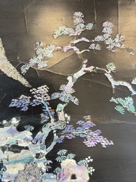 A rare large square Chinese laque burgaut&eacute; tray depicting a mountainous garden, Kangxi