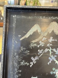 A rare large square Chinese laque burgaut&eacute; tray depicting a mountainous garden, Kangxi