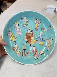 A Chinese famille rose turquoise-ground 'Playing Boys' plate, Qianlong mark, Republic