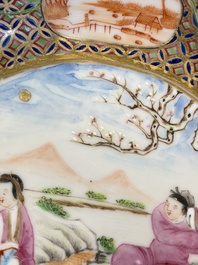 A pair of Chinese Canton famille rose cups and saucers with figural design, Daoguang