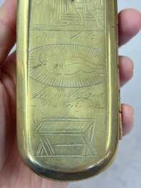 A group of four copper and brass engraved tobacco boxes, The Netherlands, 18th C.