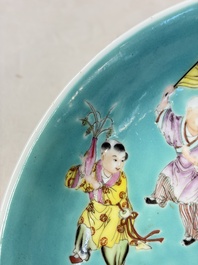A Chinese famille rose turquoise-ground 'Playing Boys' plate, Qianlong mark, Republic
