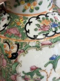 A pair of Chinese Canton famille rose hat stands, a covered vase, a vase and a bowl, 19th C.